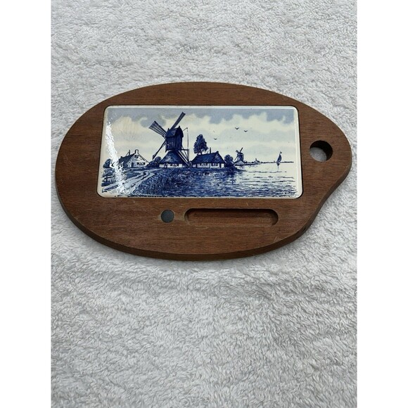 Delft Blue Windmill Cheese Board Charcuterie VTG Tile + Teak Wood Antique - Picture 2 of 16